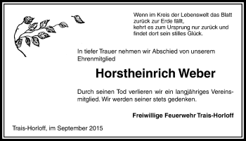 Traueranzeige von Horstheinrich Weber von Licher Wochenblatt, Licher Wochenblatt, Licher Wochenblatt