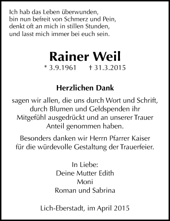 Traueranzeige von Rainer Weil von Licher Wochenblatt, Licher Wochenblatt, Licher Wochenblatt