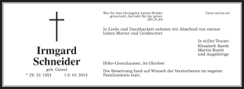 Traueranzeige von Irmgard  Schneider von Wetterauer Zeitung, Wetterauer Zeitung