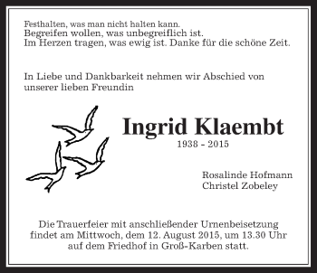 Traueranzeige von Ingrid Klaembt von Gießener Allgemeine, Alsfelder Allgemeine, Wetterauer Zeitung