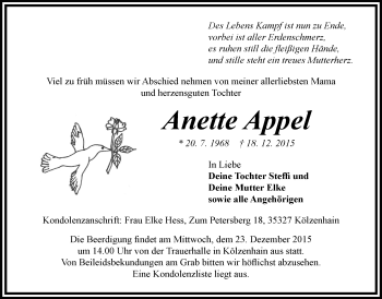 Traueranzeige von Anette Appel von Gießener Allgemeine, Alsfelder Allgemeine