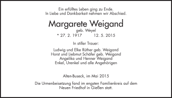 Traueranzeige von Margarete Weigand von Gießener Allgemeine, Alsfelder Allgemeine