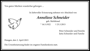 Traueranzeige von Anneliese Schneider von Licher Wochenblatt, Licher Wochenblatt, Licher Wochenblatt