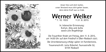 Traueranzeige von Werner Welker von Wetterauer Zeitung, Wetterauer Zeitung