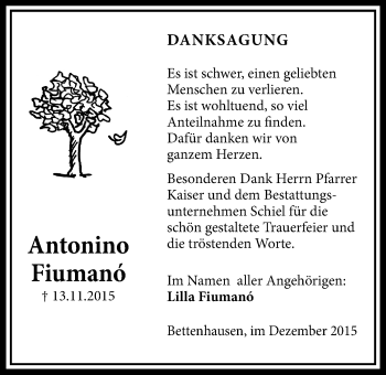 Traueranzeige von Antonino Fiumanó von Licher Wochenblatt, Licher Wochenblatt, Licher Wochenblatt