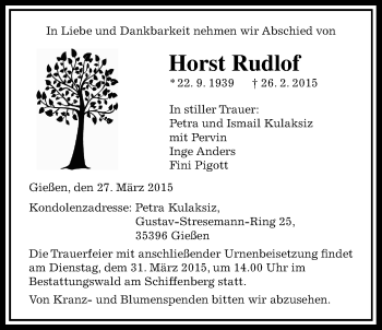 Traueranzeige von Horst Rudlof von Gießener Allgemeine, Alsfelder Allgemeine