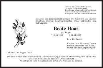 Traueranzeige von Beate Haas von Wetterauer Zeitung, Wetterauer Zeitung