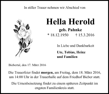 Traueranzeige von Hella Herold von Gießener Allgemeine, Alsfelder Allgemeine