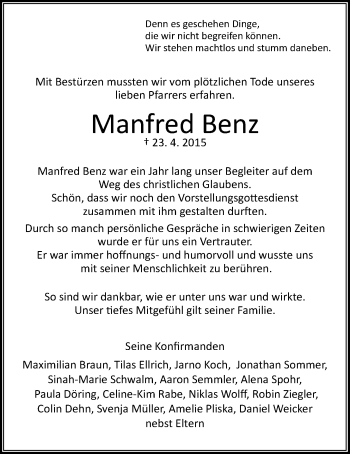 Traueranzeige von Manfred Benz von Gießener Allgemeine, Alsfelder Allgemeine