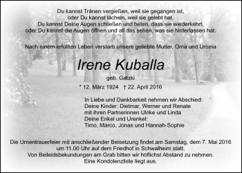 Traueranzeige von Irene Kuballa von Wetterauer Zeitung, Wetterauer Zeitung