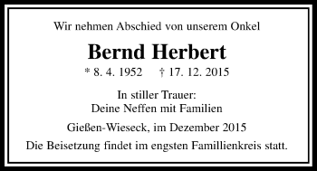 Traueranzeige von Bernd Herbert von Gießener Allgemeine, Alsfelder Allgemeine