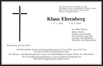 Traueranzeige von Klaus Ehrenberg von Wetterauer Zeitung, Wetterauer Zeitung