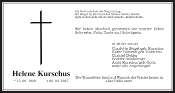 Traueranzeige von Helene Kurschus von Wetterauer Zeitung, Wetterauer Zeitung