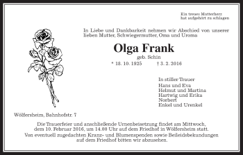 Traueranzeige von Olga Frank von Wetterauer Zeitung, Wetterauer Zeitung