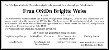 Traueranzeige von Brigitte Weiss von Wetterauer Zeitung, Wetterauer Zeitung