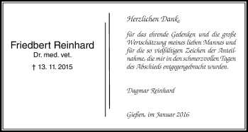 Traueranzeige von Friedbert Reinhard von Gießener Allgemeine, Alsfelder Allgemeine
