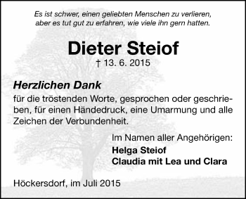Traueranzeige von Dieter Steiof von Mücker Stimme