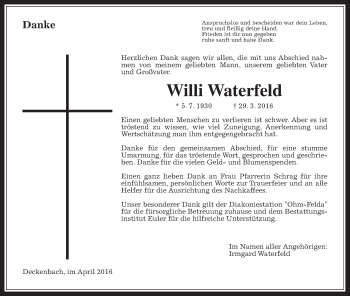 Traueranzeige von Willi Waterfeld von Alsfelder Allgemeine