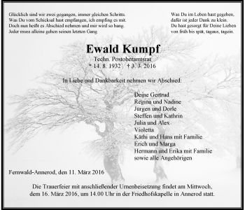 Traueranzeige von Ewald Kumpf von Gießener Allgemeine, Alsfelder Allgemeine