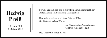 Traueranzeige von Hedwig Preiß von Wetterauer Zeitung, Wetterauer Zeitung