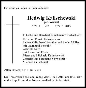 Traueranzeige von Hedwig Kalischewski von Gießener Allgemeine, Alsfelder Allgemeine
