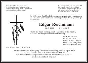 Traueranzeige von Edgar Reichmann von Alsfelder Allgemeine