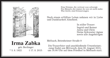Traueranzeige von Irma Zabka von Wetterauer Zeitung, Wetterauer Zeitung