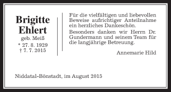 Traueranzeige von Brigitte Ehlert von Wetterauer Zeitung, Wetterauer Zeitung