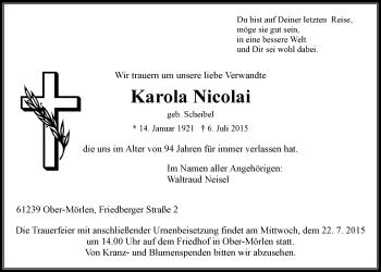 Traueranzeige von Karola Nicolai von Wetterauer Zeitung, Wetterauer Zeitung