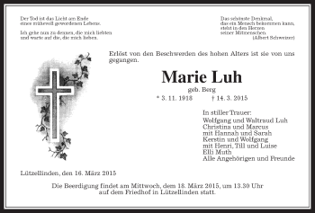 Traueranzeige von Marie Luh von Gießener Allgemeine, Alsfelder Allgemeine