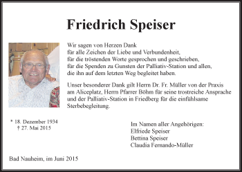Traueranzeige von Friedrich Speiser von Wetterauer Zeitung, Wetterauer Zeitung