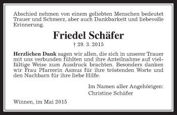 Traueranzeige von Friedel Schäfer von Allendorfer Mitteilungen