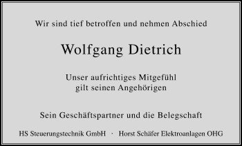 Traueranzeige von Wolfgang Dietrich von Wetterauer Zeitung, Wetterauer Zeitung