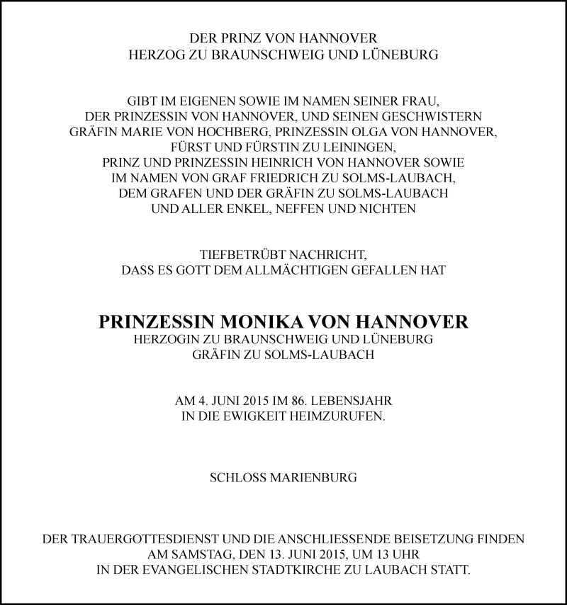  Traueranzeige für Prinzessin Monika von Hannover vom 10.06.2015 aus Gießener Allgemeine, Alsfelder Allgemeine
