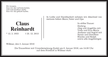 Traueranzeige von Claus Reinhardt von Gießener Allgemeine, Alsfelder Allgemeine