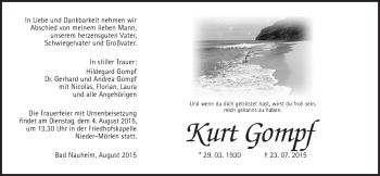 Traueranzeige von Kurt Gompf von Wetterauer Zeitung, Wetterauer Zeitung