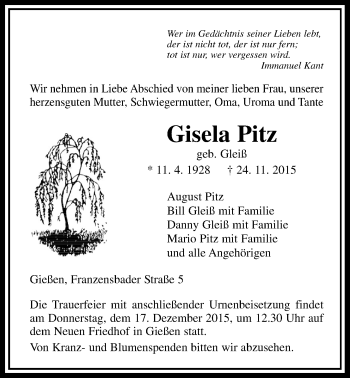 Traueranzeige von Gisela Pitz von Gießener Allgemeine, Alsfelder Allgemeine