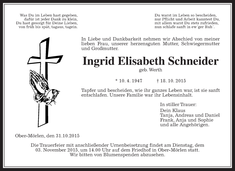 Traueranzeigen Von Ingrid Elisabeth Schneider Mittelhessen Gedenkt De