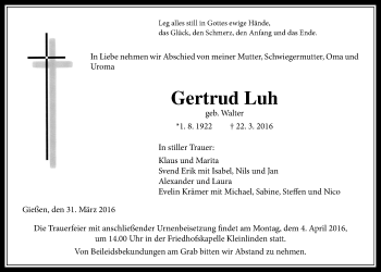 Traueranzeige von Gertrud Luh von Gießener Allgemeine, Alsfelder Allgemeine