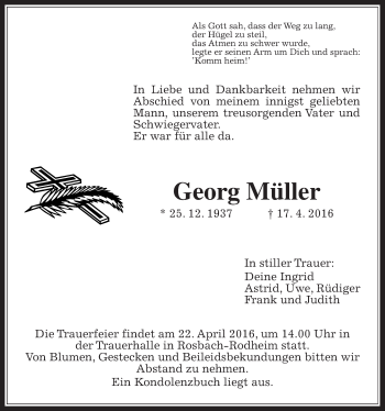 Traueranzeige von Georg Müller von Wetterauer Zeitung, Wetterauer Zeitung