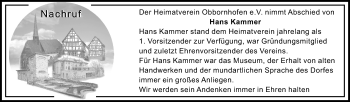 Traueranzeige von Hans Kammer von Licher Wochenblatt, Licher Wochenblatt, Licher Wochenblatt