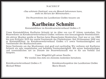 Traueranzeige von Karlheinz Schmitt von Gießener Allgemeine, Alsfelder Allgemeine