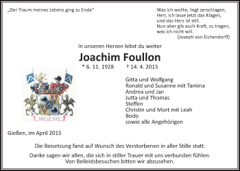 Traueranzeige von Joachim Foullon von Gießener Allgemeine, Alsfelder Allgemeine