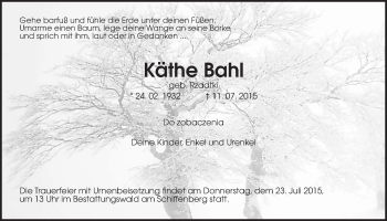 Traueranzeige von Käthe Bahl von Gießener Allgemeine, Alsfelder Allgemeine