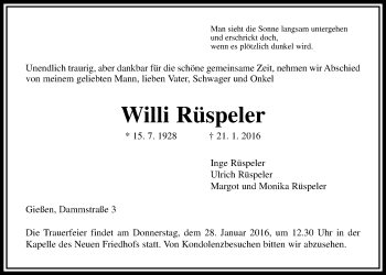 Traueranzeige von Willi Rüspeler von Gießener Allgemeine, Alsfelder Allgemeine