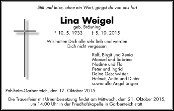 Traueranzeige von Lina Weigel von Gießener Allgemeine, Alsfelder Allgemeine