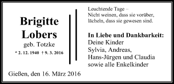 Traueranzeige von Brigitte Lobers von Gießener Allgemeine, Alsfelder Allgemeine