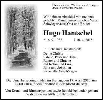 Traueranzeige von Hugo Hantschel von Gießener Allgemeine, Alsfelder Allgemeine