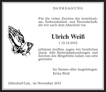 Traueranzeige von Ulrich Weiß von Allendorfer Mitteilungen
