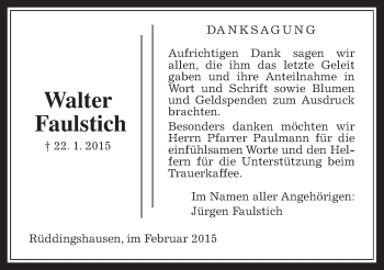 Traueranzeige von Walter Faulstich von Rabenauer Zeitung